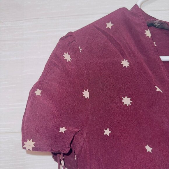 Madewell Women's Burgundy Maroon Short Sleeve Star Print Silk Belle Top size 2 - Picture 3 of 6